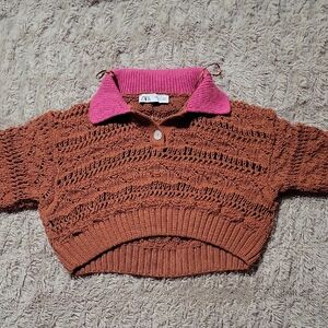 Zara Brown Cropped Knit Sweater with Pink Collar